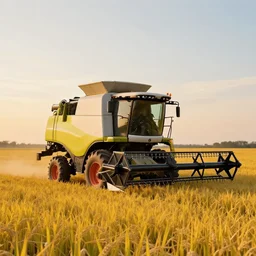 “combine harvester in yellow field during sunset, digital art, 8k, cinematic, elegant”