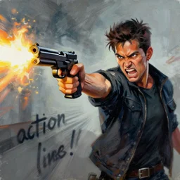 keemstar pointing a gun, shooting, muzzle flash, enraged, painting by phil hale, 'action lines'!!!, graphic style, visible brushstrokes, motion blur, blurry