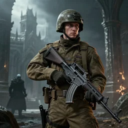 An american soldier holding an M16, Dark Souls 3, a grim fantasy, Anor Londo, dramatic lighting, cinematic, establishing shot, extremely high detail, photorealistic, cinematic lighting, artstation, by simon stalenhag