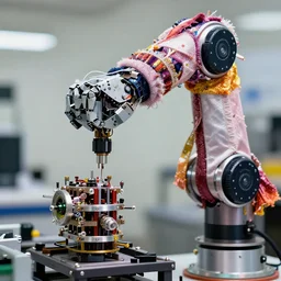 a close up of a robotic arm dressed with fancy synthetic clothes manufacturing a complex object, color photo, various levels of details, 5 0 mm sigma lens, f 4. 0 aperture