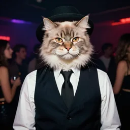 of a gangster guy with the head of a british longhair cat, wearing vest suite in the night club, by greg rutkowski 3 5 mm photograph