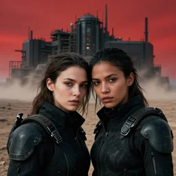 cinestill 5 0 d photographic portrait of two loving clones, beautiful women wearing rugged black techwear on a desolate plain with a red sky, extreme closeup, diverse species, cyberpunk style, in front of a brutalist dark metal facility, dust storm, 3 5 mm, 8 k, f / 3 2, high resolution, ultra realistic faces