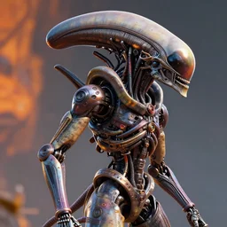 biomechanical android alien robot xenomorph, symmetrical, concept art, intricate detail, volumetric shadows and lighting, unreal engine, octane render, v - ray render, realistic, dynamic lighting, intricate detail, harvest fall vibrancy, cinematic, profile picture, mechanical, half robot, implants, steampunk, colourful