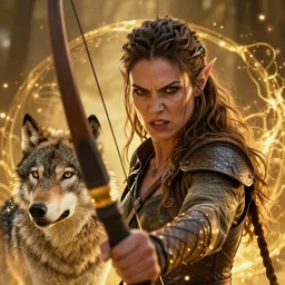 Photorealistic cinematic close-up portrait of one single powerful angry female D&D elf ranger holding a longbow, with a pet wolf, by Larry Elmore.  Magical occult photorealism, UHD, amazing depth, glowing, golden ratio, 3D octane cycle unreal engine 5, volumetric lighting, cinematic lighting, cgstation artstation concept art