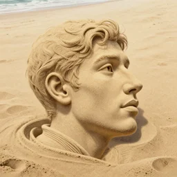 a little man made of sand, on huge beach, close - up, surreal, insane, intricate, highly detailed, digital painting, artstation, smooth, sharp focus, illustration, unreal engine 5, 8 k, art by artgerm and greg rutkowski and alphonse mucha