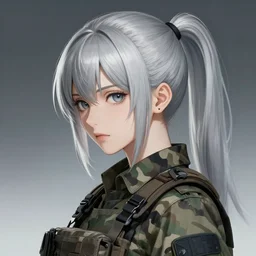 girl, silver hair (ponytail), multicam (camo), trending on artstation, detailed, cinematic portrait, ilustration by Takehiko Inoue
