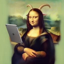 a painting in the style of the Mona Lisa of a goat taking a picture with an iPad