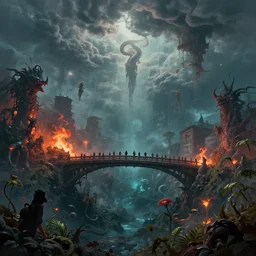 underwater end of the world, clouds, fire, demons, plants, bridge, buildings, people, serpent, strange creatures walking around, falling from sky, by vladimir kush and giger and zdzislaw