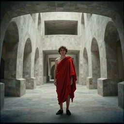 1 9 7 0 s andrei tarkovsky movie still of a man in red drapery in noneuclidian architecture, by piranesi, panoramic, ultra wide lens, cinematic light, anamorphic