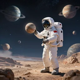 an astronaut on an alien island with many planets in the sky, collecting planets