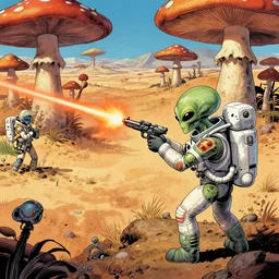 an alien being shooting with a laser pistol at a human astronaut, a desert with giant mushrooms on the bakground , wide angle, view from above, vibrant colours, intricate details, perfect anatomy, graphic novel, < , dark moebius ghibli fantasy adventure comic panels by brian wood and Riccardo Burchielli, 4K detailed post processing