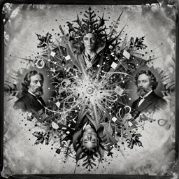old wetplate daguerreotype demoniacal beats explosion of data fragments, fractal, intricate, elegant, highly detailed, parallax, leica, medium format, subsurface scattering, by jheronimus bosch and greg rutkowski and louis jacques mande daguerre and brom
