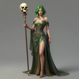 beautful full body portrait of a female druid holding a skull staff, short green majestic hair, elegant fashion, by yu cheng hong, dave greco, grafit studio, digital art, ultra detailed, rendered in unreal engine, concept art, trending on artstation