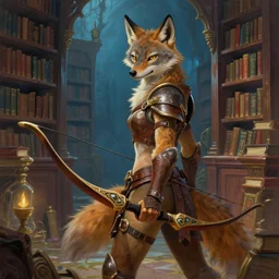 a maned wolf fursona anthro girl ranger wearing leather - strap - armor and wielding an enchanted recurve bow is exploring the forbidden library in hades. trending on artstation and pixiv. a vibrant digital oil painting. a highly detailed fantasy character illustration by wayne reynolds and charles monet and gustave dore and carl critchlow and bram sels