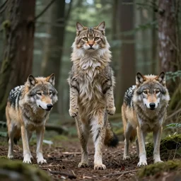 furry cat woman in a forest 8 b 5 with real wolves