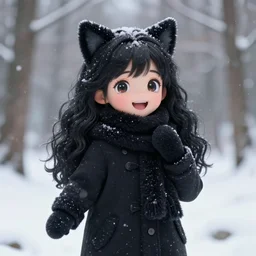 photorealistic of a very cute joyful 3d anime girl, wearing fluffy black scarf, long coat, mittens, black long curly hair, watery eyes, cat ears, snowing in the forest, medium shot, mid-shot, highly detailed, trending on Artstation, Unreal Engine 4k