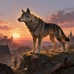 a beautiful artwork illustration, rim light Fenrir standing over a medieval village at sunset, destruction, by Greg Rutkowski and Jesper Ejsing and Raymond Swanland, featured on artstation, wide angle, vertical orientation