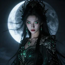portrait of moon sorceress, beautiful, attractive, glowing, jaw dropping, dynamic lighting, dark, menacing, intricate and detailed, 4 k octane render, fierce green eyes, age 2 0