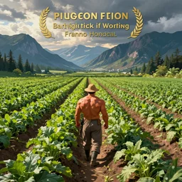 bodybuilder farmer, rows of lush crops, mountains in the background, detailed digital 2d fantasy art