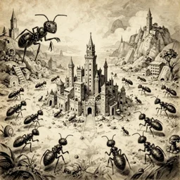 anthromorphic humanoid ants building a city. epic game landscape shot. Beautifully detailed pen and ink drawing on parchment, D&D art by Michelangelo
