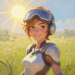 a beautiful oil painting of tracer from the game overwatch in the style of delphin enjolras, standing alone in grassy field, smiling while the sun shines down, feminine face, light rays, radiant quality, 4 k, brush strokes, beautiful eyes, peaceful atmosphere, artstation, heavenly glow, tracer overwatch, tracer face, detailed face, smiling, tracer vizor,
