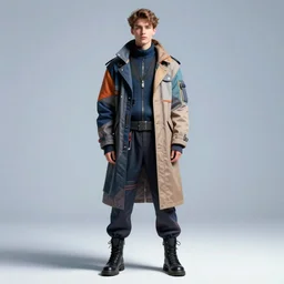 full body view portrait high quality illustration high detail cinematic digital concept art of a young man dressed in stylish future clothing with face visible by artgerm and greg rutkowski and marc simonetti, artstation trending, vibrant colour, blank background,