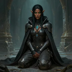 portrait of a cyberpunk geomancer in the stone palace, female, gorgeous, tech robes, cloak, dark skin, green eyes, elf, sitting on bent knees, high fantasy, detailed face, highly detailed, digital illustration, by rossdraws
