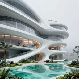 highly detailed futuristic architecture by jean nouvel, reflective lighting, stylized vegetation, ground - level view, puddles of turquoise water, foggy atmosphere, stunning sunny lighting, sunrise, vivid colors, in the style of pixar animation, trending on artstation, 8 k, matte painting, ray tracing, hyper detailed, unreal engine 5, cinematic, epic lighting, cryengine, octane render, cyberpunk, red and orange glow, vibrant