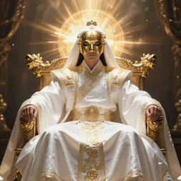 Man in white imperial clothing, sitting in a large throne, mantle, gold mask