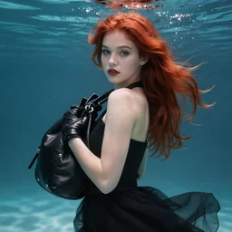 portrait of a girl with long red hair in a black dress, under water, very beautiful style, girl wrapped in a leather salafan bag in black, photorealism, edgard maxence,