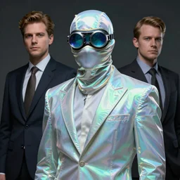character design, portrait, ninja  gaiden in a suit made of iridiscent fabric, radio goggles, iridiscent, by syd mead, tim walker, roger deakins