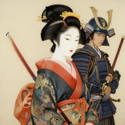 a beautiful realistic painting of geisha and samurai, intricate, elegant, highly detailed, digital painting, artstation, concept art, by krenz cushart and artem demura and alphonse mucha