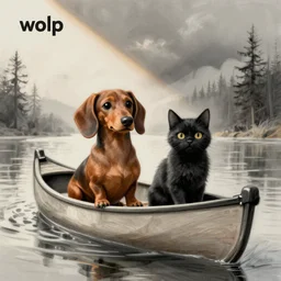 a brown dachshund and black cat sitting in a canoe, digital art, wlop, cute sketch, paint, intricate detail, concept art, sketch, soft colors