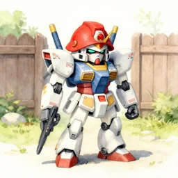 world's smallest mecha on your backyard wearing a red hat. watercolor by award - winning mangaka, backlighting, intricate details, muted pastel palette, depth of field, painting, macro photography.