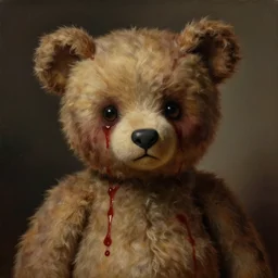 portrait of a creepy teddy bear with blood, realistic painting, classical painting, high definition, digital art, matte painting, very detailed, realistic