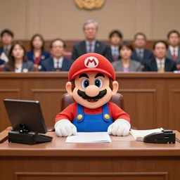 a 4 k photograph of super mario sitting at a desk testifying in courtroom | a crowd of people sit behind it