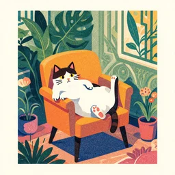 ( ( dither ) ), editorial illustration portrait of an isometric of cat resting in a chair elegant interior, foliage overgrowth, flowers, modern art deco, ( ( mads berg ) ), christopher balaskas, rich grainy texture, detailed, dynamic pose, matte print, risograph, wood block print, unreal engine, colorful, vibrant