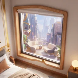 top down angled close up photo of a corner window in a clean futuristic bedroom from overwatch and oblivion movie, by wlop by jungyeonmin and james jean jhonseru jsezz artstation and greg rutkowski, with some wood and gold details, biomechanical, lens orbs, global illumination, with a window overlooking a cyberpunk metropolis, lounge, architectural, volumetric lighting, granular detail, japandi, hyperrealist, micro details, blender, vray