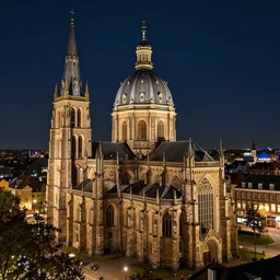 Eusebius church in Arnhem by night, wide view, volumetric light, hyperdetailed, artstation, cgsociety, 8k