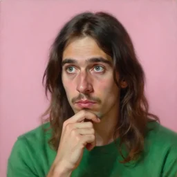 portrait of a metis man who stares intently, very thoughtful, yet playful, but he can't do it, because he's not sugary, highly detailed oil painting, by francis bacon, edward hopper, adrian ghenie, glenn brown, soft light 4 k, pink and green colour palette, cinematic composition, cinematic lighting, high quality octane render, masterpiece