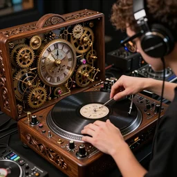 a turntablist dj scratching on a retro steampunk clockwork mixing board and record player, intricate carved wood, planetary gears, complex contraption, person wearing old school headphones and visor, cinematix, imax, sharp focus, hyper detail