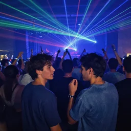 two friends partying at a concert in a crowd and lasers, post - impressionism