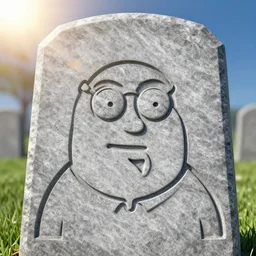 a grave that has peter griffin's face ingraved into it, super detailed, realistic, sun flare.