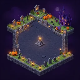 graveyard halloween isometric 2. 5 d game level, myvmk, with detailed stone, lanterns, disney, haunted mansion, toon shader, arnold maya render, artstation by miha rinne