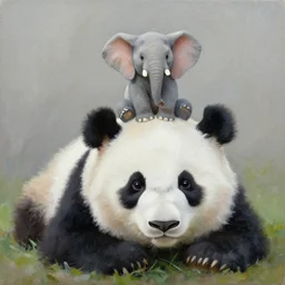a tiny elephant sitting on top of a huge panda, oil on canvas