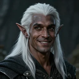a portrait of a dark drow elf male, medium length white hair, young adult, happy, pointed chin, charcoal color skin, curious, style by donato giancola, wayne reynolds, jeff easley dramatic light, high detail, cinematic lighting, artstation, dungeons and dragons