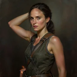 a beautiful cinematic masterpiece painting of natalie portman as ellie from last of us 2, by gil elvgren, by frank frazetta, by greg rutkowski, trending on artstation, featured on pixiv, hyper detailed, beautiful studio lights, intricate elegant digital painting, cinematic composition dramatic pose, smooth, sharp focus,