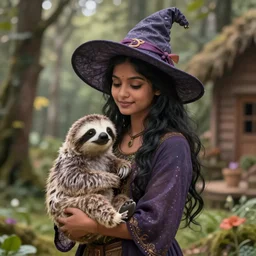 a cottagecore beautiful young indian witch holding a cute sloth, highly detailed, masterpiece, digital render