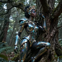 hyperrealistic post - rococo super gorgeous! black woman with exoskeleton armor, merging with tree in a forest, highly detailed digital art masterpiece smooth cam de leon hannah yata dramatic pearlescent blue teal light ground angle hd 8 k sharp focus