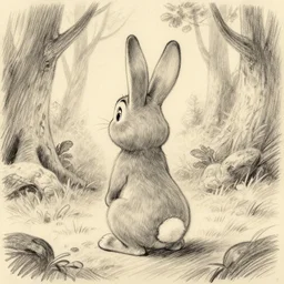 milt kahl pencil sketch of a rabbit in the forest facing away disney style